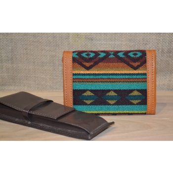 Portfel skórzany brązowy męski  z andyjskim etnicznym haftem.